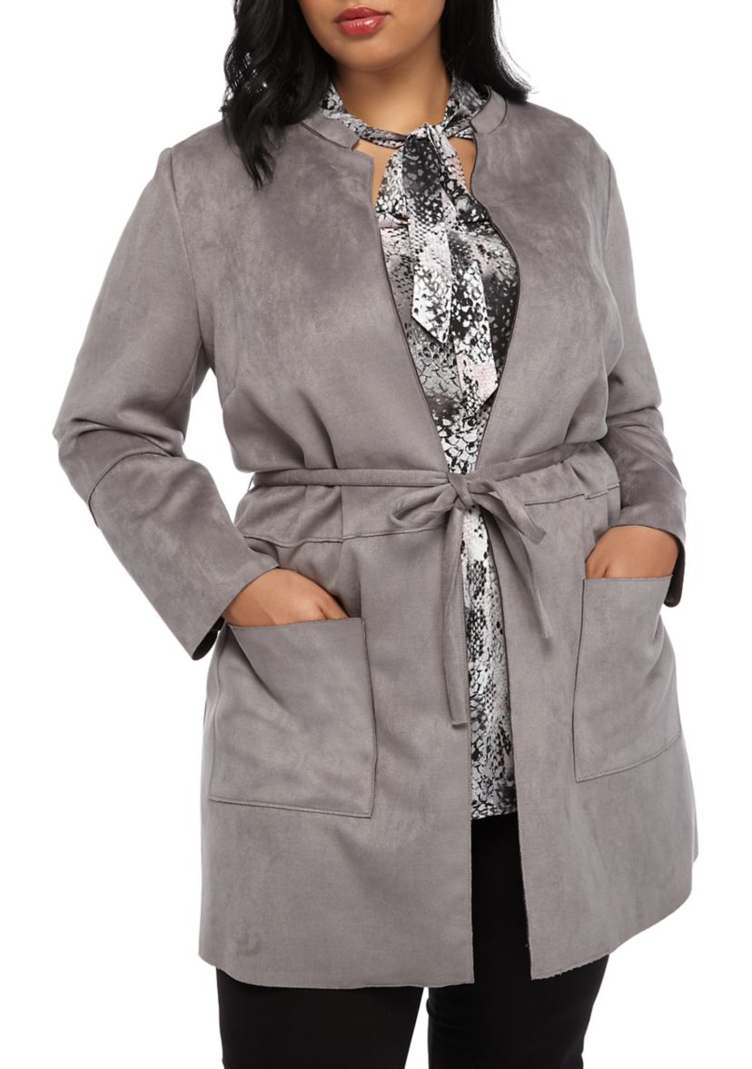 Plus Size Stand Coller Scuba Suede Jacket with Tie Belt