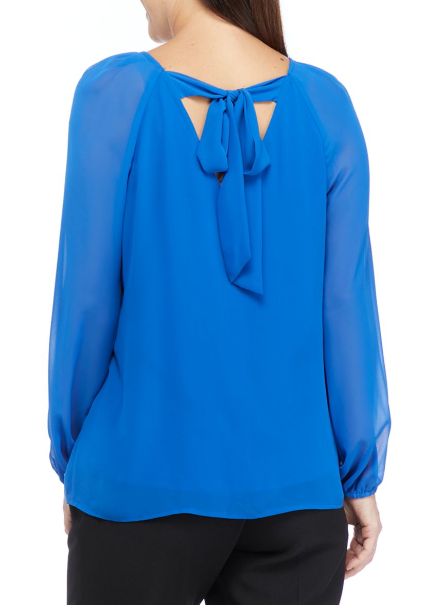 Womens Blouson Sleeve Bow Back Woven Top 