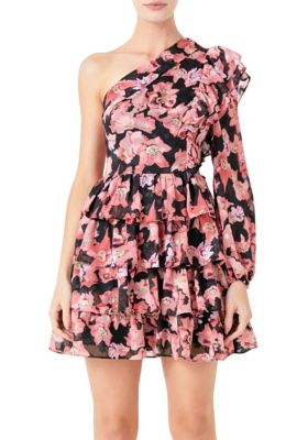 One Shoulder Tiered Floral Dress