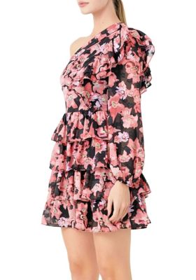 One Shoulder Tiered Floral Dress