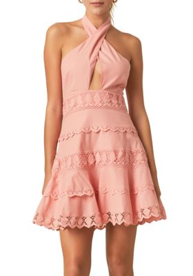 Robe Ceinturée SheIn Col Lacet - Blanc - Taille S - Coton Dentelle - Manches Mi-longues