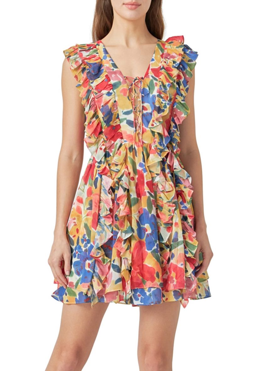 Multi Pop Floral Chiffon Ruffled Mini
