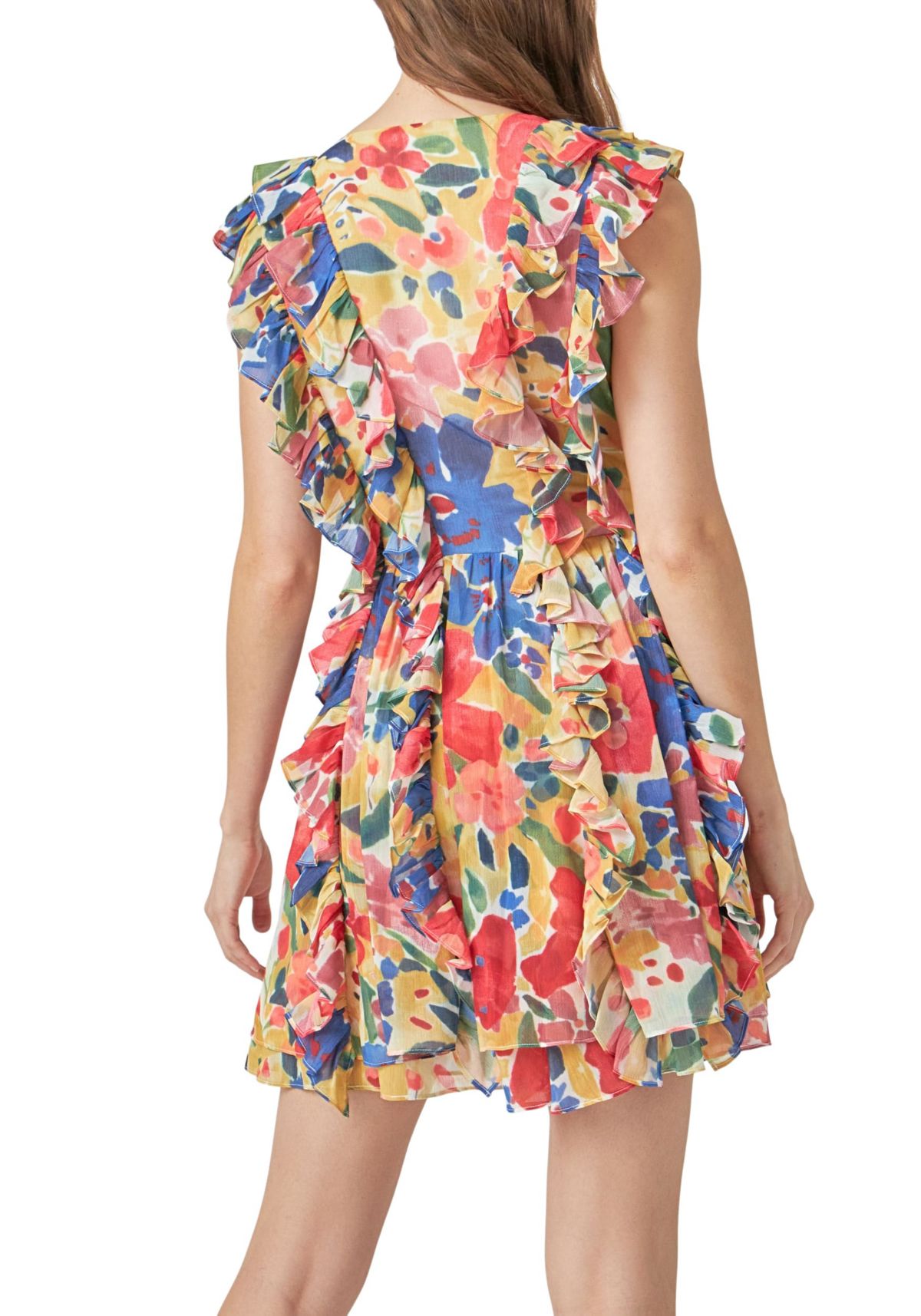 Multi Pop Floral Chiffon Ruffled Mini