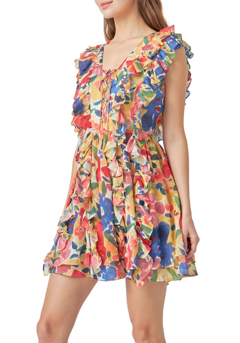 Multi Pop Floral Chiffon Ruffled Mini