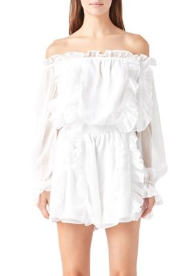 Endless Rose Women's Off the Shoulder Ruffled Romper, White, XS