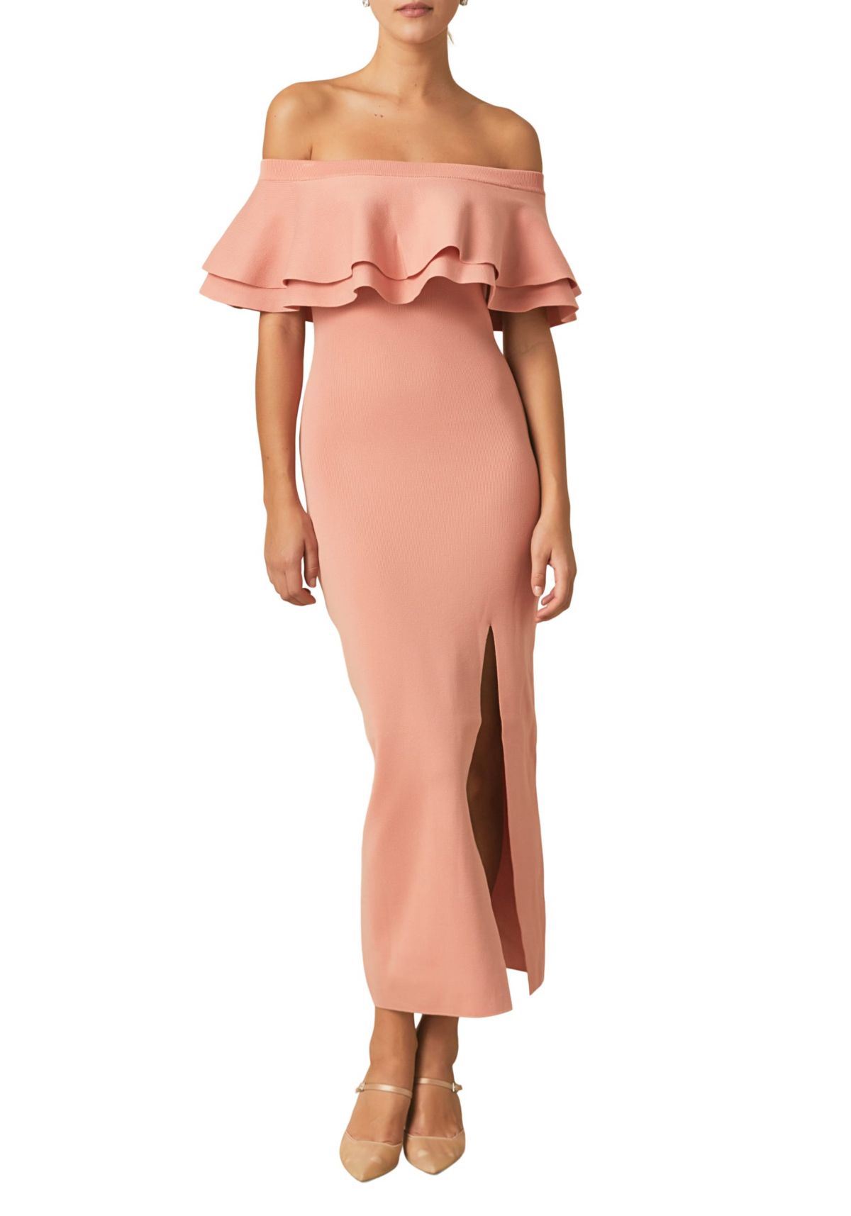 Off the Shoulder Ruffle Maxi Dress with Leg Slit