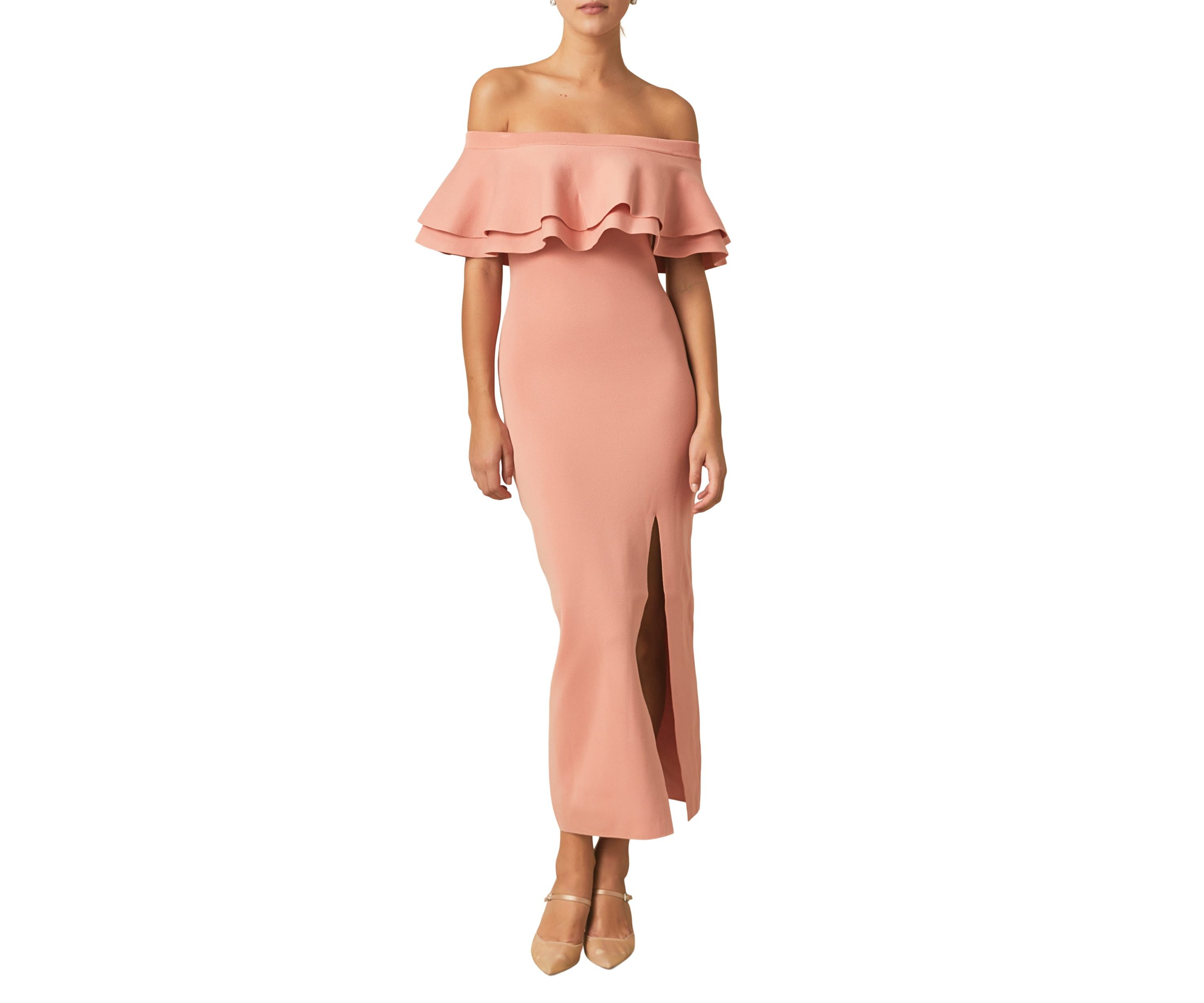Off the Shoulder Ruffle Maxi Dress with Leg Slit