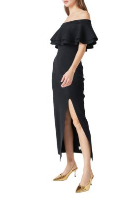 Women's Off the Shoulder Ruffle Maxi Dress with Leg Slit