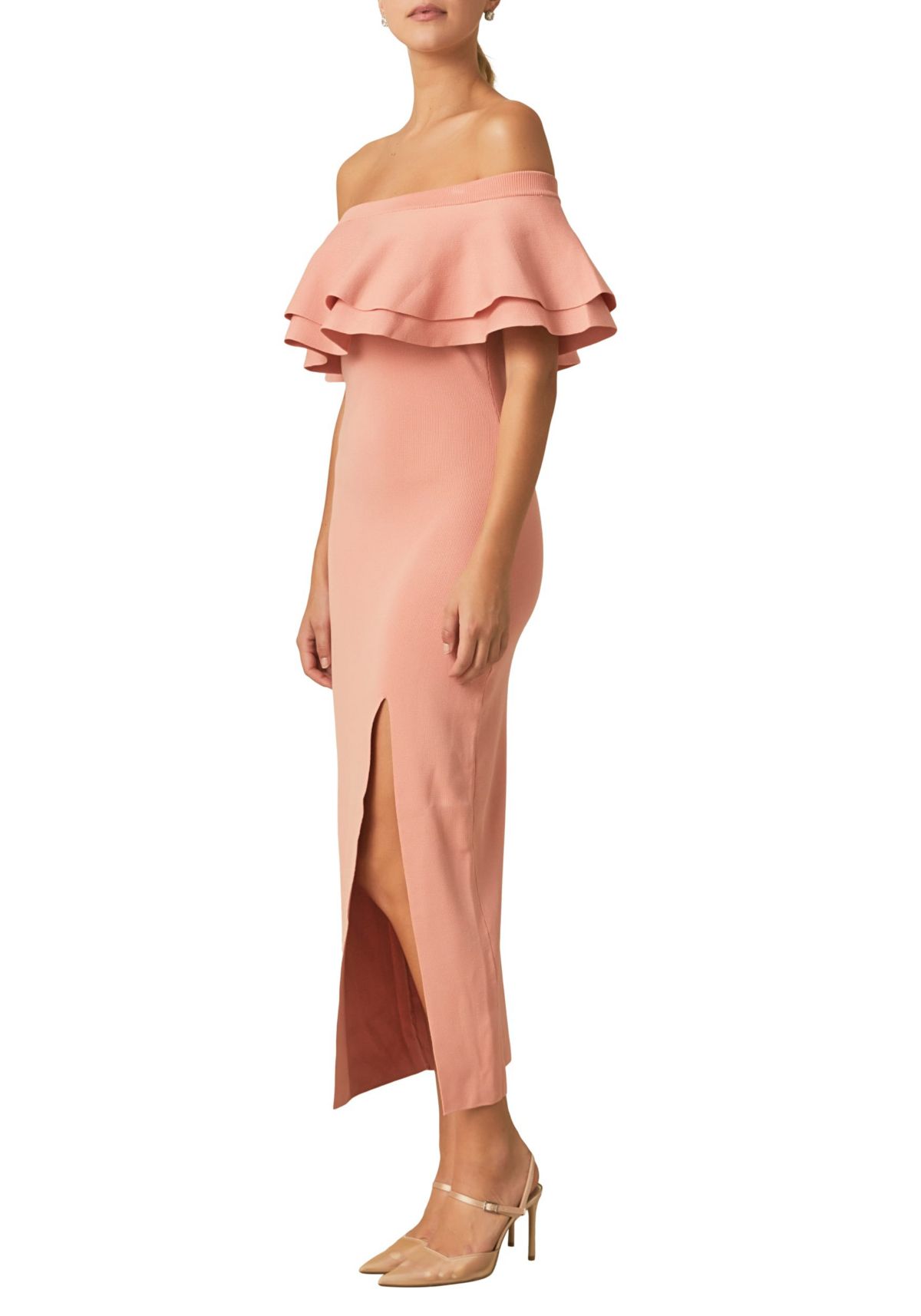 Off the Shoulder Ruffle Maxi Dress with Leg Slit