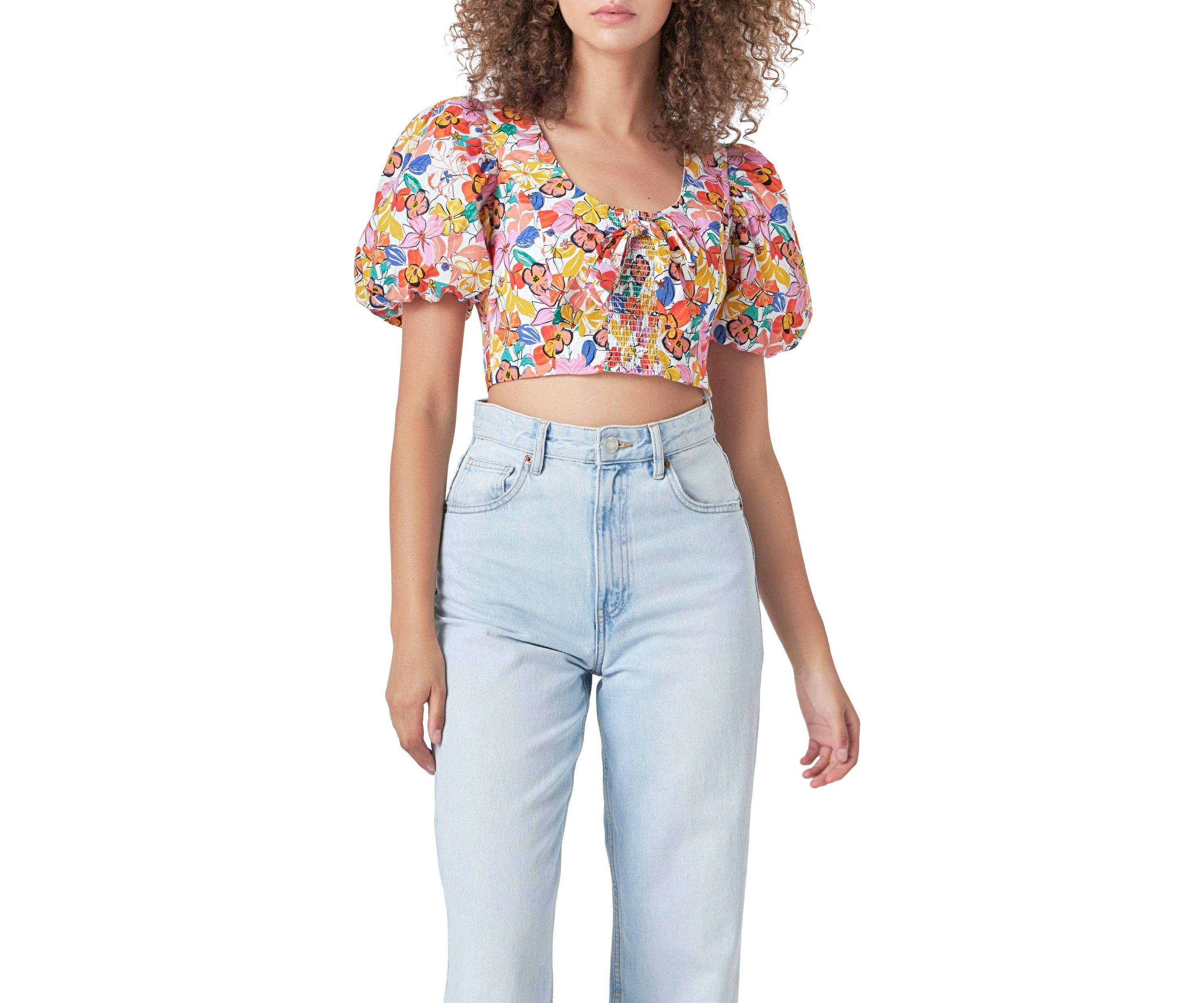 Cotton Floral Print Puff Sleeve Top