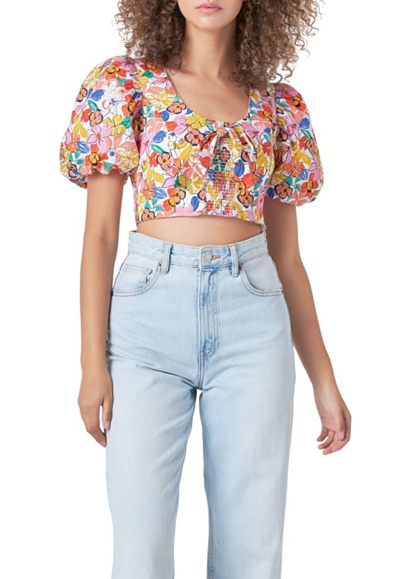 Cotton Floral Print Puff Sleeve Top