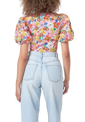 Cotton Floral Print Puff Sleeve Top