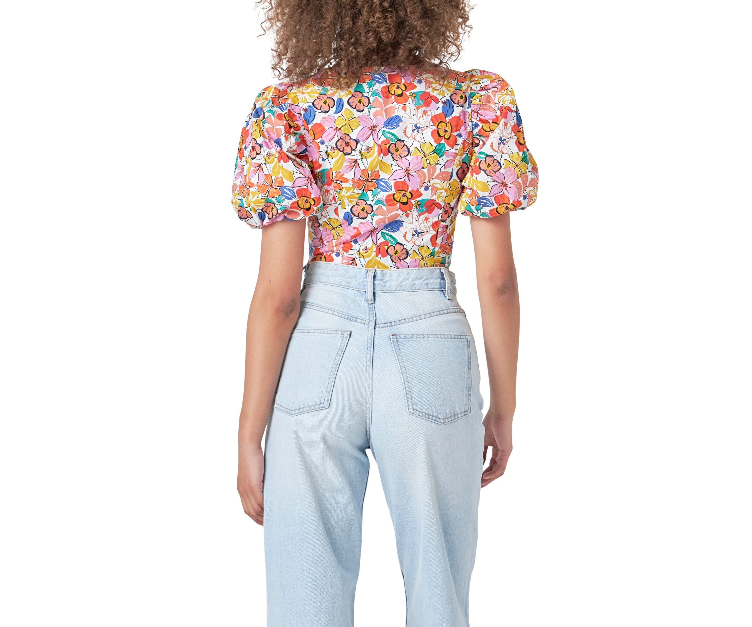 Cotton Floral Print Puff Sleeve Top