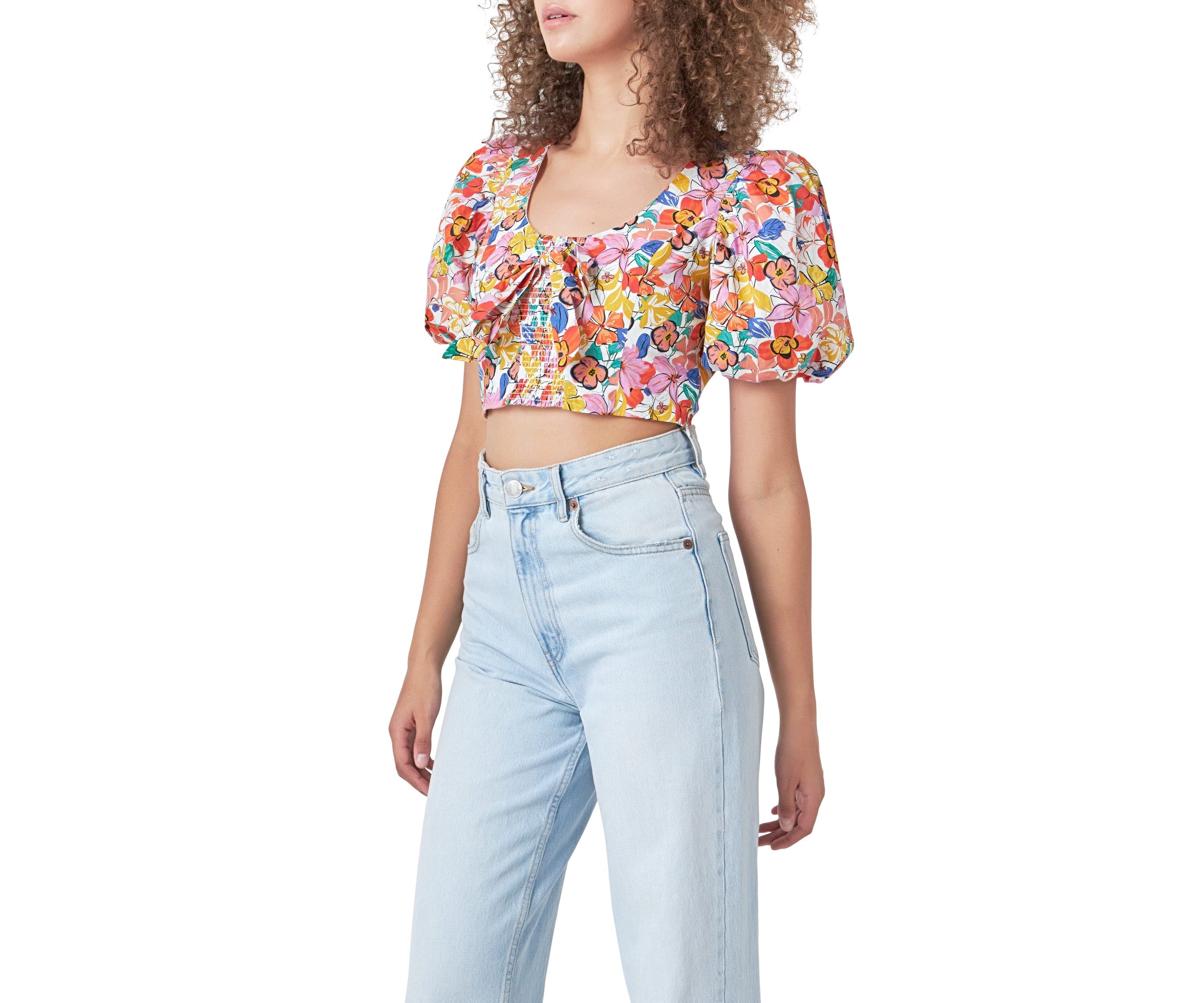 Cotton Floral Print Puff Sleeve Top