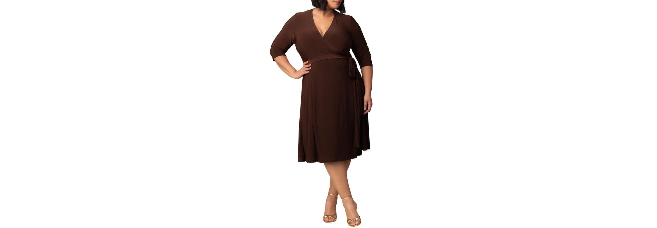 brown plus size work dress Plus Size Brown Work A-Line Long Sleeve Midi Dress main image 0