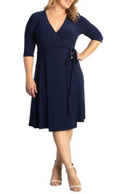 KIYONNA Women's Plus Size Essential Wrap Dress with 3/4 Sleeves, Navy Blue, 0X