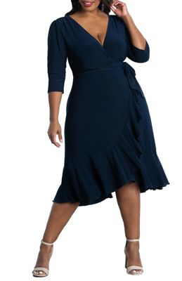KIYONNA Women's Plus Size Whimsy Ruffled Midi Wrap Dress, Navy Blue, 5X