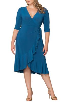 KIYONNA Women's Plus Size Whimsy Ruffled Midi Wrap Dress, Blue, 3X