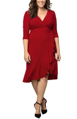 KIYONNA Women's Plus Size Whimsy Ruffled Midi Wrap Dress, Red, 0X