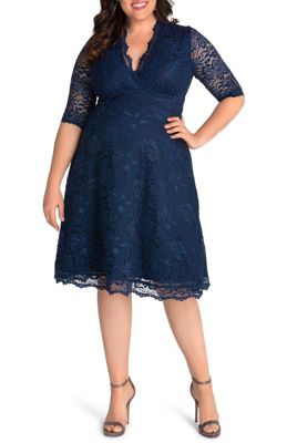 KIYONNA Women's Plus Size Mademoiselle Lace Cocktail Dress with Sleeves, Navy Blue, 0X