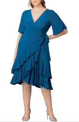 KIYONNA Women's Plus Size Miranda Ruffle Wrap Dress, Blue, 5X