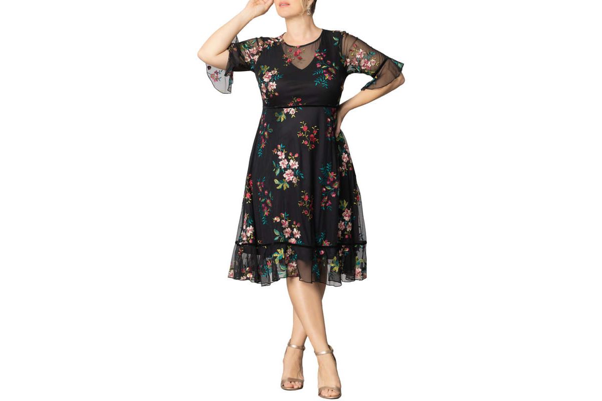 Womens Plus Size Wildflower Embroidered Floral Mesh Cocktail Dress