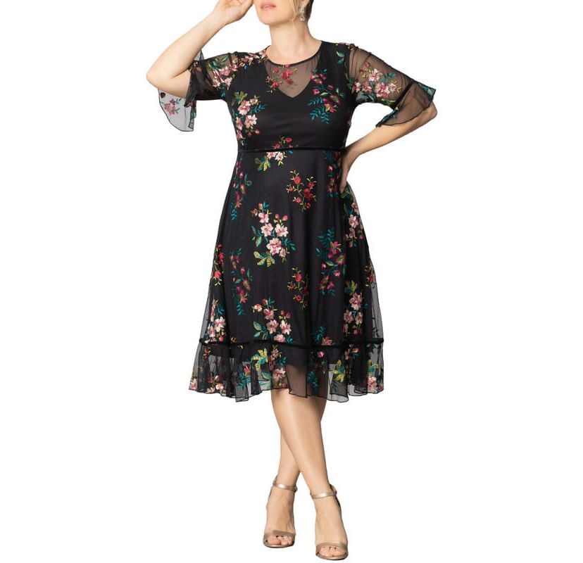 Womens Plus Size Wildflower Embroidered Floral Mesh Cocktail Dress