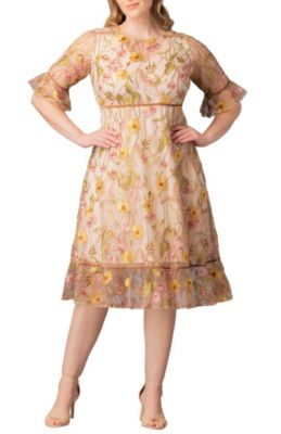 KIYONNA Women's Plus Size Wildflower Embroidered Floral Mesh Dress, 3X