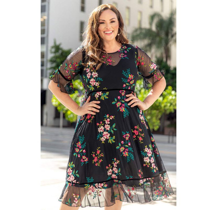 Womens Plus Size Wildflower Embroidered Floral Mesh Cocktail Dress