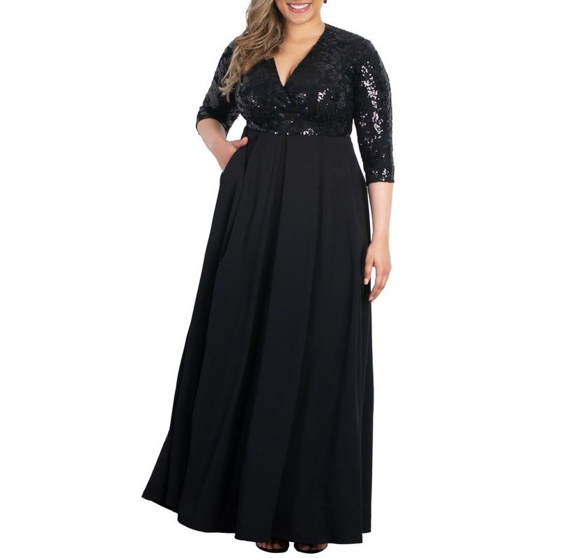 Womens Plus Size Paris Pleated Sequin Gown
