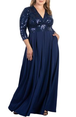 KIYONNA Women's Plus Size Paris Pleated Sequin Gown, Navy Blue, 2X
