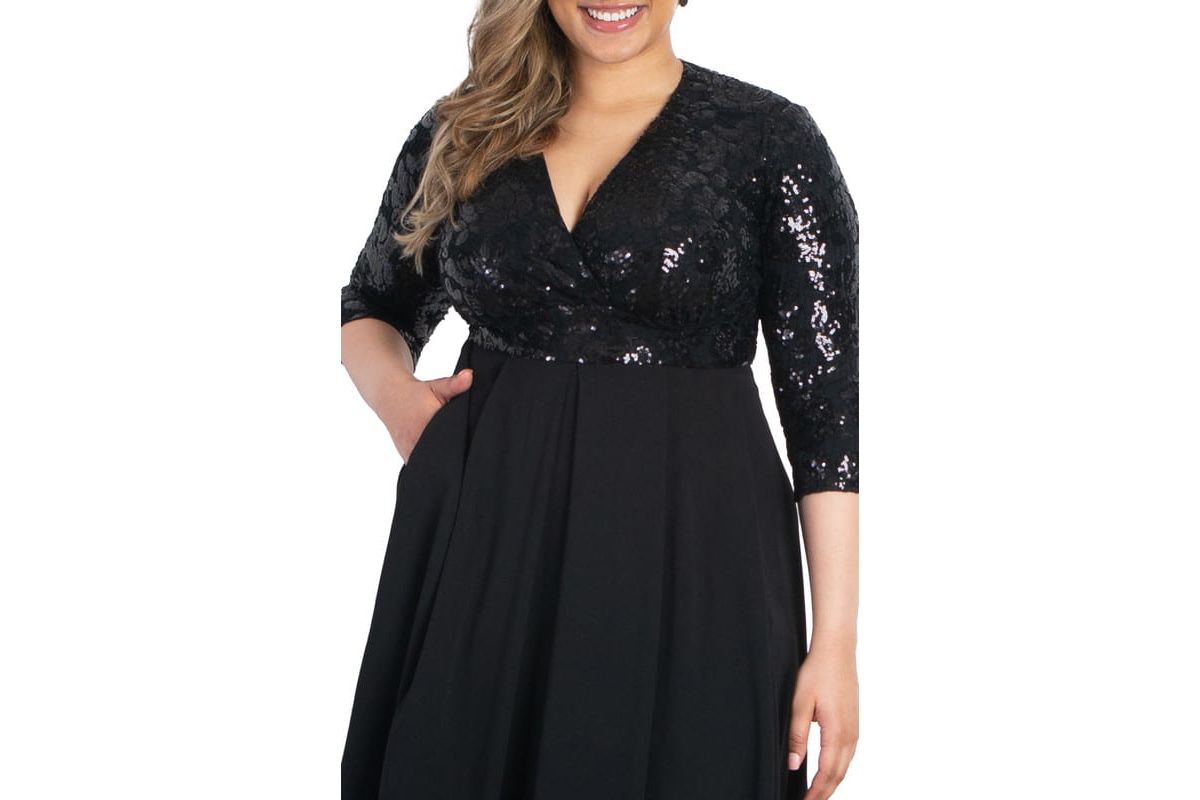Womens Plus Size Paris Pleated Sequin Gown
