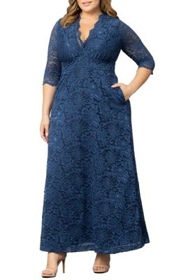 KIYONNA Women's Plus Size Maria Lace Evening Gown with Pockets, Navy Blue, 2X
