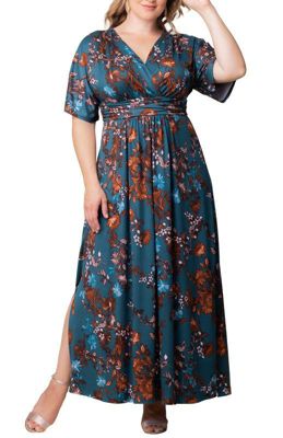 KIYONNA Women's Plus Size Vienna Kimono Sleeve Long Maxi Dress, Blue, 2X