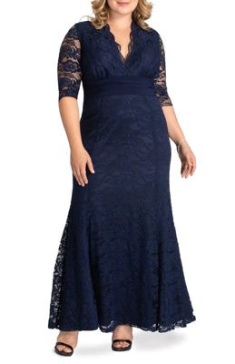KIYONNA Women's Plus Size Screen Siren Lace Evening Gown, Navy Blue, 1X