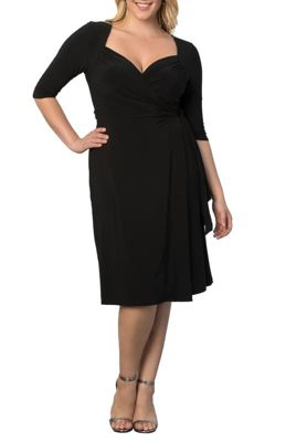 KIYONNA Women's Plus Size Sweetheart Knit Wrap Dress with 3/4 Sleeves, Black, 5X