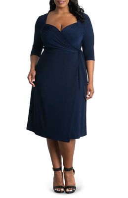 KIYONNA Women's Plus Size Sweetheart Knit Wrap Dress with 3/4 Sleeves, Navy Blue, 3X