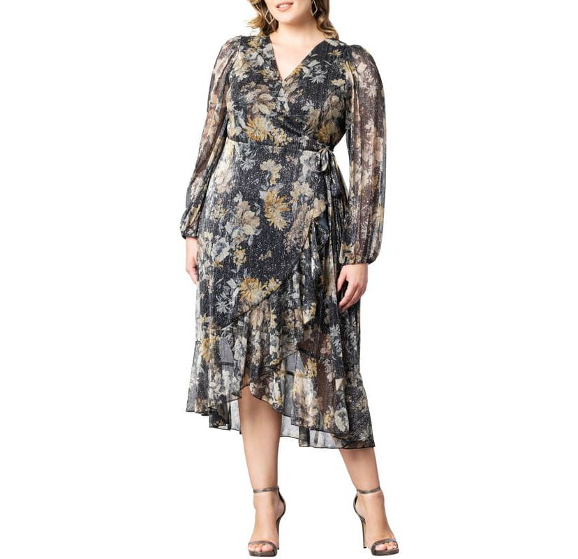 Womens Plus Size Clara Long Sleeve Chiffon Wrap Dress