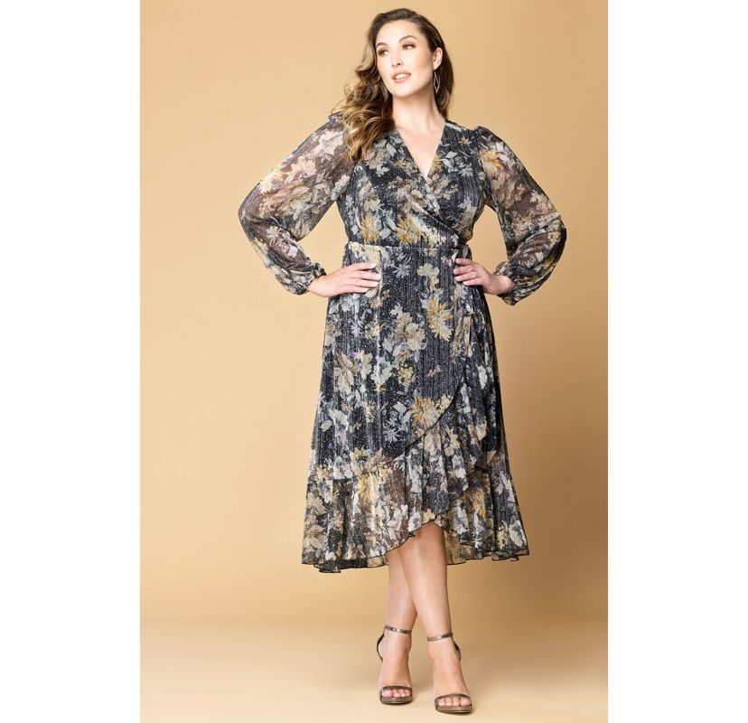 Womens Plus Size Clara Long Sleeve Chiffon Wrap Dress
