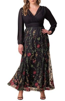 KIYONNA Women's Plus Size Isabella Embroidered Mesh Formal Gown, 3X
