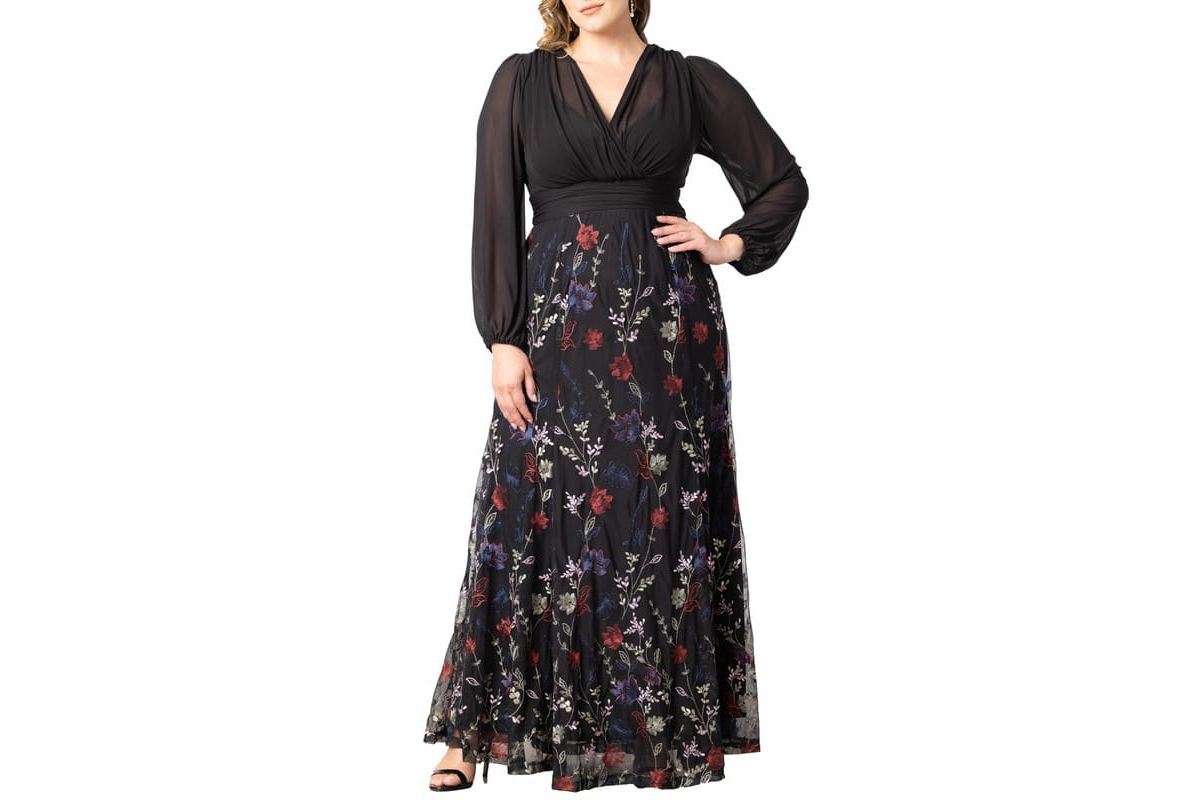 Womens Plus Size Isabella Embroidered Mesh Formal Gown