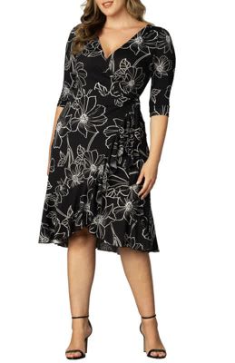 KIYONNA Women's Plus Size Flirty Flounce Midi Wrap Dress with 3/4 Sleeves, Black, 5X