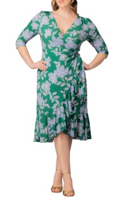 KIYONNA Women's Plus Size Flirty Flounce Midi Wrap Dress with 3/4 Sleeves, Green, 5X