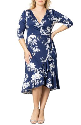 KIYONNA Women's Plus Size Flirty Flounce Midi Wrap Dress with 3/4 Sleeves, Navy Blue, 0X