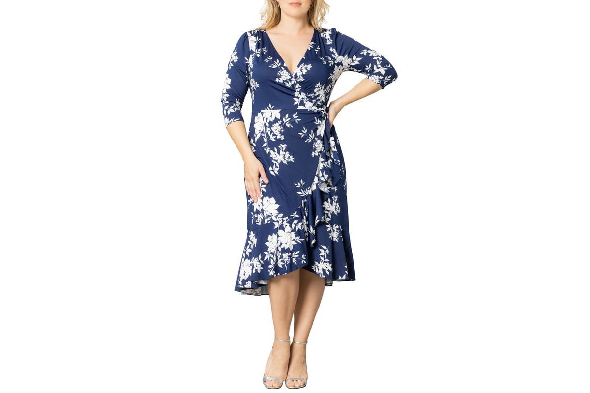 Womens Plus Size Flirty Flounce Midi Wrap Dress with 3/4 Sleeves
