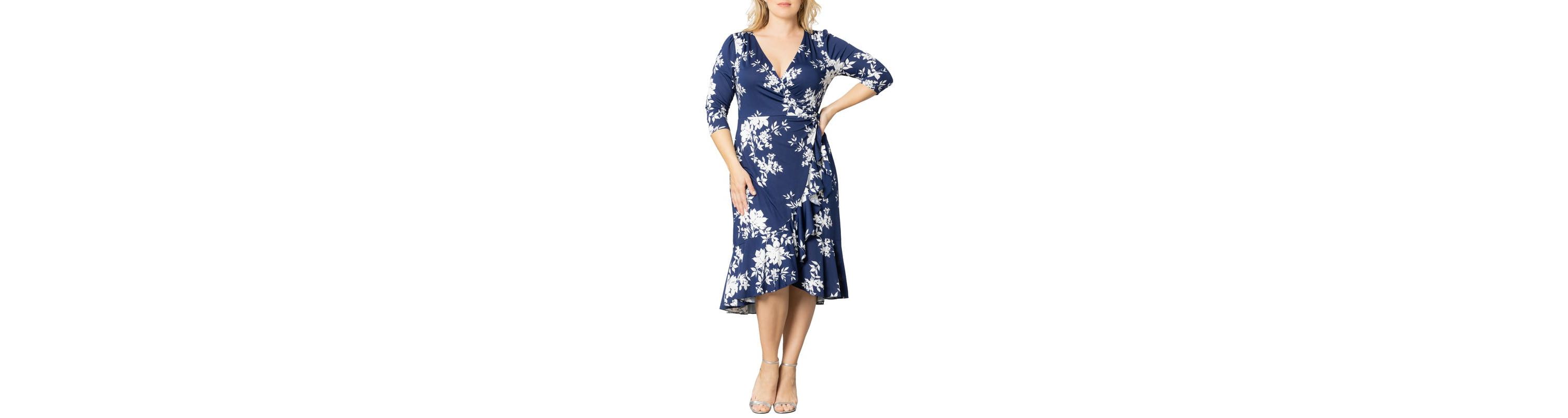 Womens Plus Size Flirty Flounce Midi Wrap Dress with 3/4 Sleeves