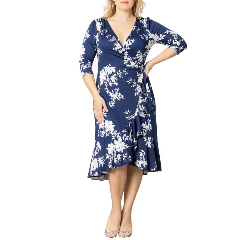 Womens Plus Size Flirty Flounce Midi Wrap Dress with 3/4 Sleeves