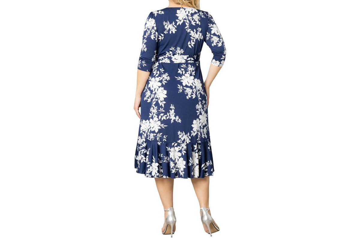 Womens Plus Size Flirty Flounce Midi Wrap Dress with 3/4 Sleeves