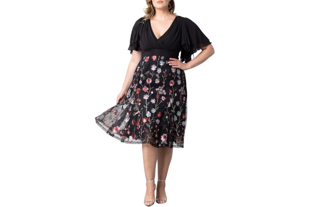 Womens Plus Size Lillian Embroidered Mesh Midi Cocktail Dress