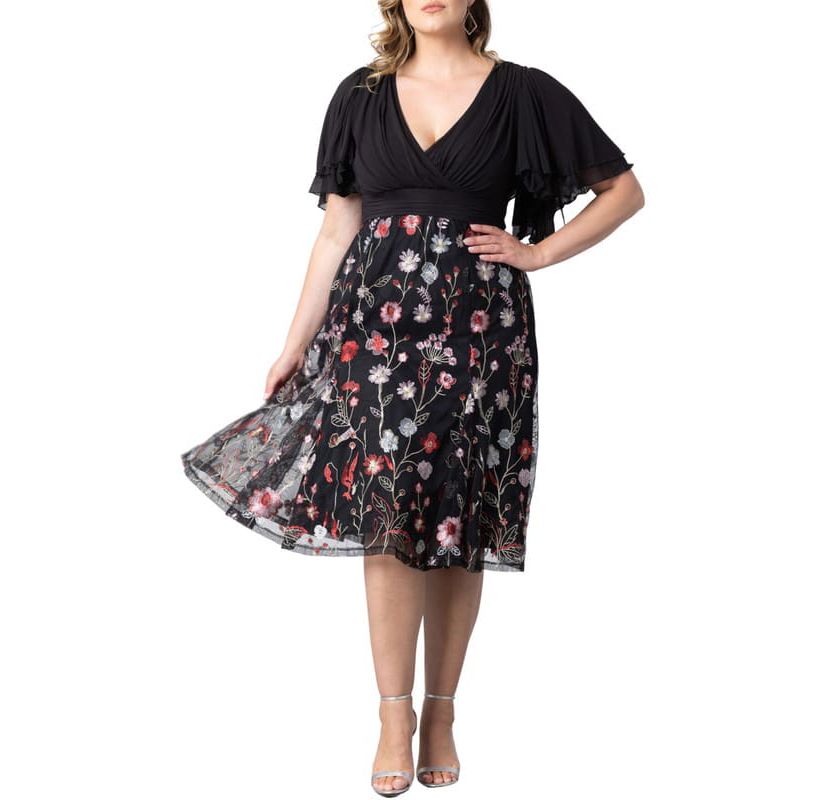 Womens Plus Size Lillian Embroidered Mesh Midi Cocktail Dress